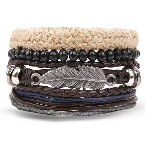 Fashion Hand-knitted Multi-layer Leather Feather Leaf Bracelet
