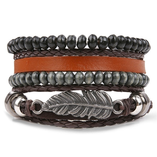 Fashion Hand-knitted Multi-layer Leather Feather Leaf Bracelet