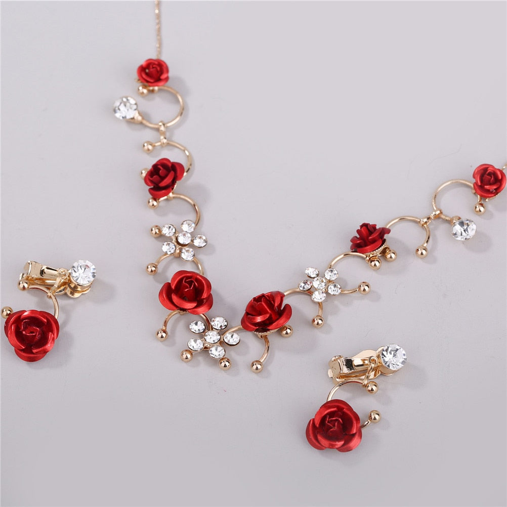 Women Elegant 1 Pair Ear Clip+1 Necklace Red Flower Jewelry Set