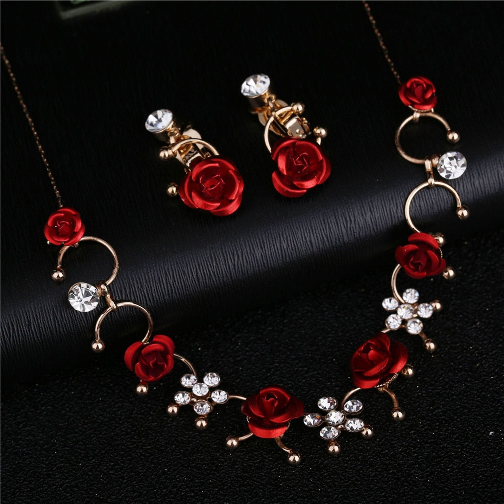 Women Elegant 1 Pair Ear Clip+1 Necklace Red Flower Jewelry Set