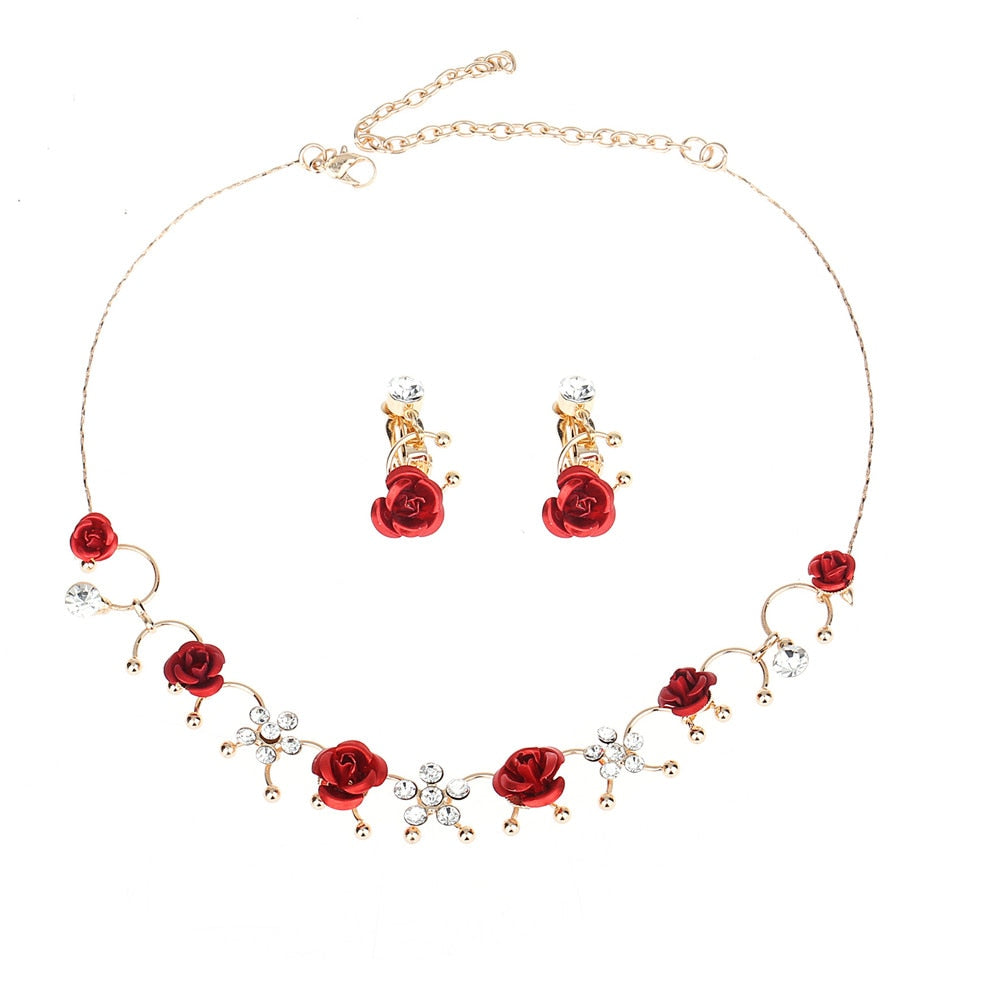 Women Elegant 1 Pair Ear Clip+1 Necklace Red Flower Jewelry Set
