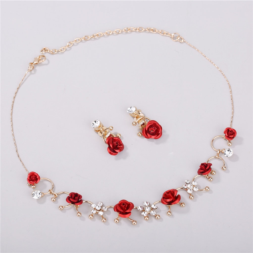 Women Elegant 1 Pair Ear Clip+1 Necklace Red Flower Jewelry Set