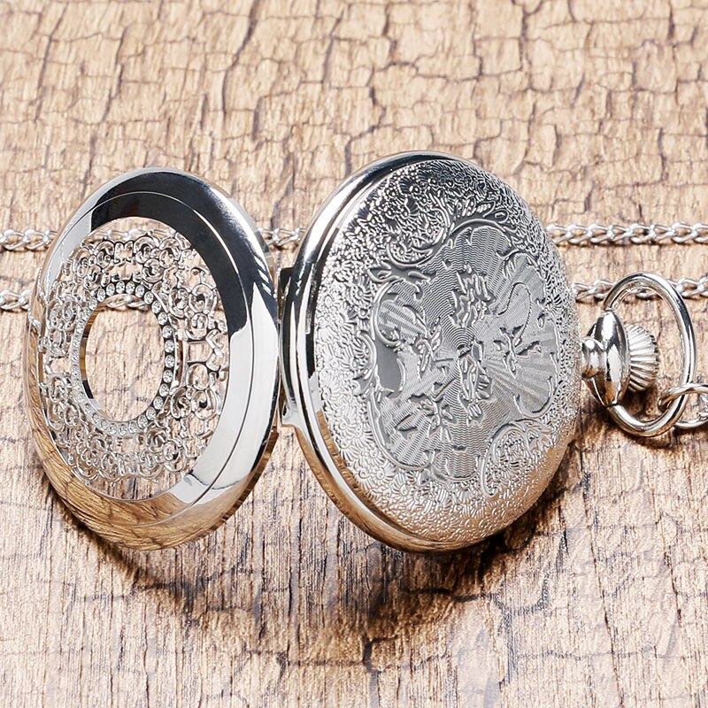 Hollow Silver Pendant Fob Pocket Watch With Necklace