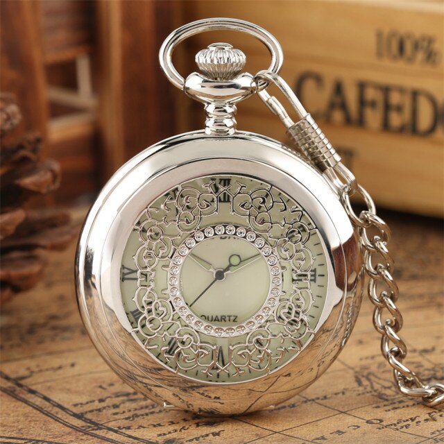Hollow Silver Pendant Fob Pocket Watch With Necklace