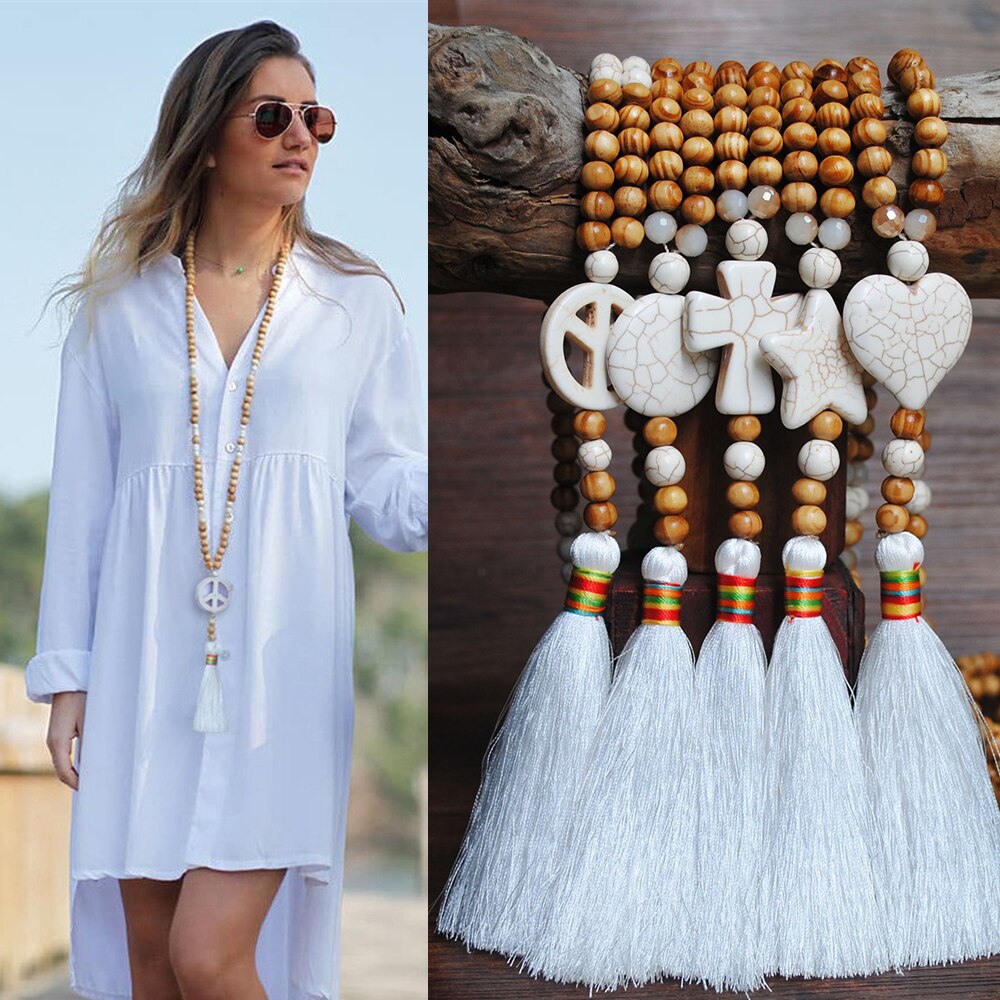 Handmade Stones Tassels Wood Beads Necklace