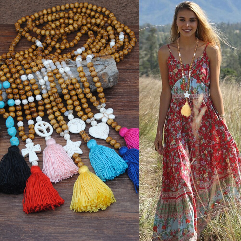 Handmade Stones Tassels Wood Beads Necklace