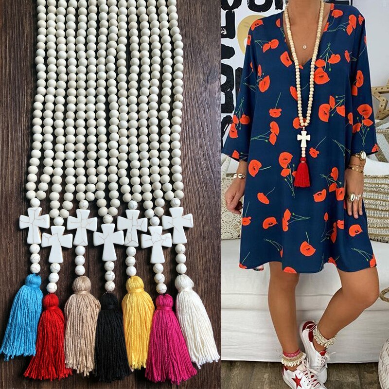 Handmade Stones Tassels Wood Beads Necklace