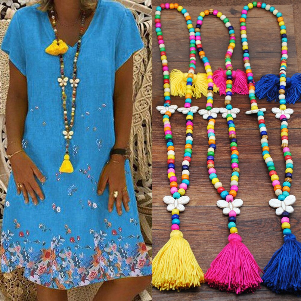 Handmade Stones Tassels Wood Beads Necklace