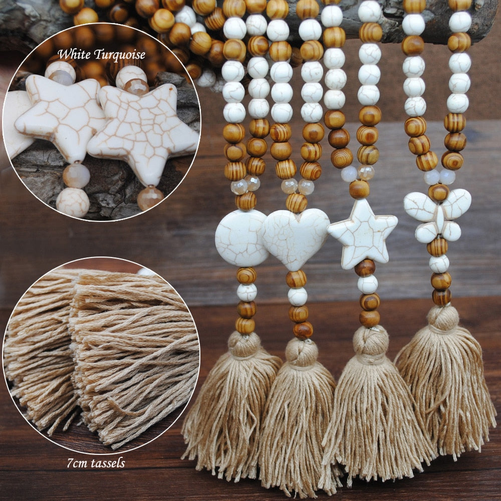 Handmade Stones Tassels Wood Beads Necklace