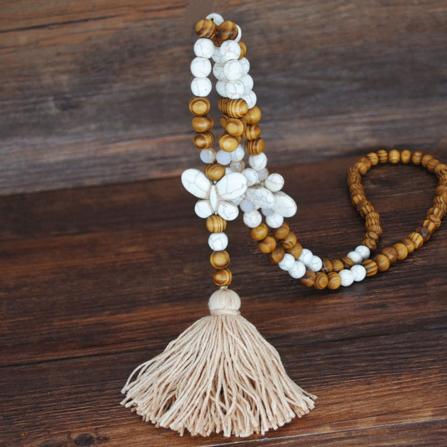 Handmade Stones Tassels Wood Beads Necklace