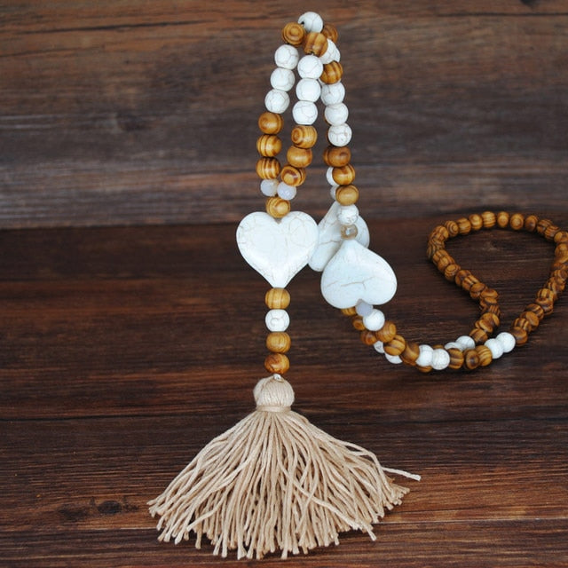 Handmade Stones Tassels Wood Beads Necklace