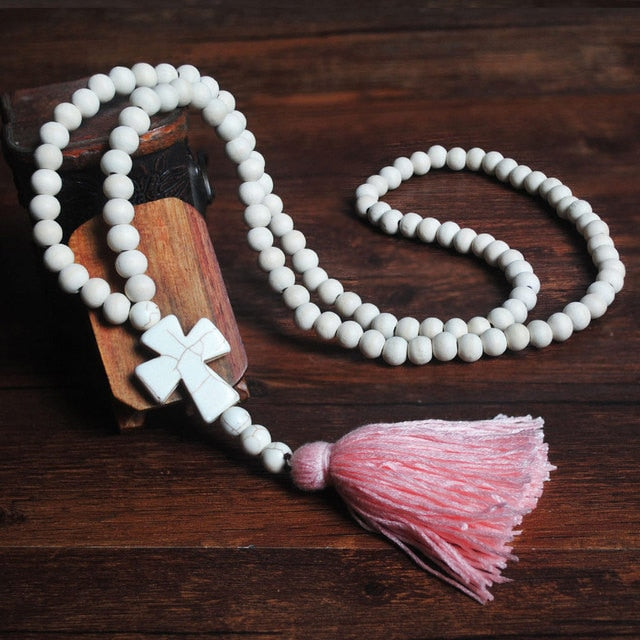 Handmade Stones Tassels Wood Beads Necklace