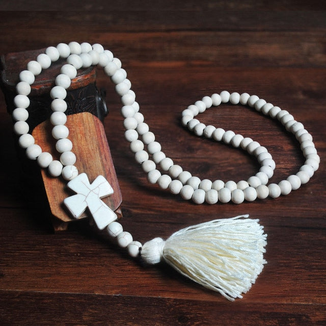 Handmade Stones Tassels Wood Beads Necklace