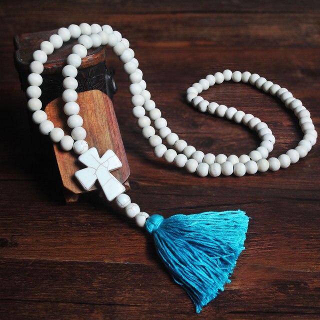 Handmade Stones Tassels Wood Beads Necklace