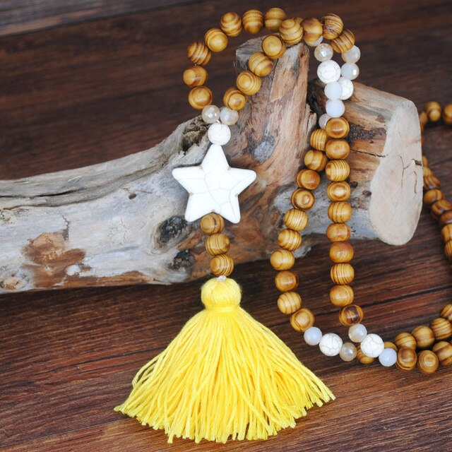 Handmade Stones Tassels Wood Beads Necklace