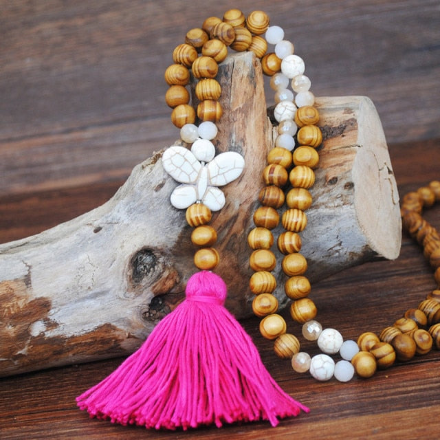 Handmade Stones Tassels Wood Beads Necklace