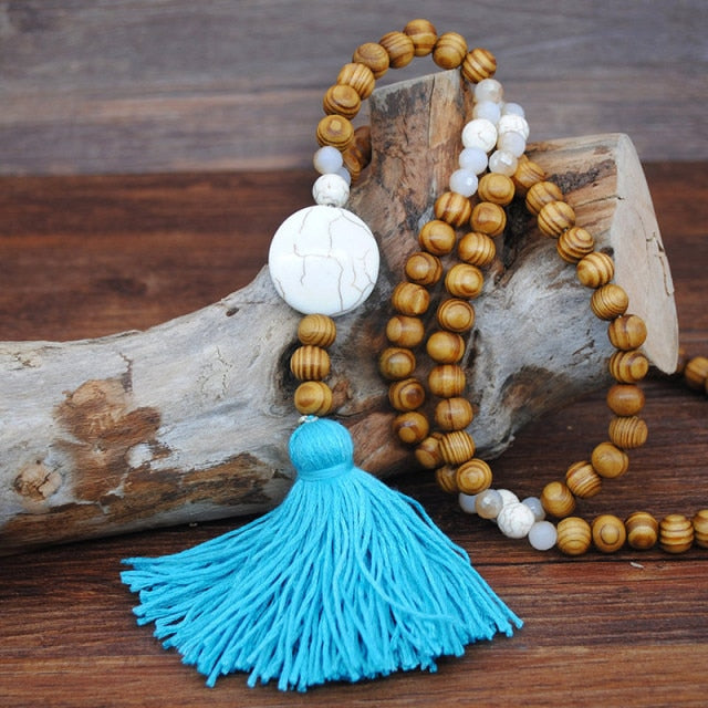 Handmade Stones Tassels Wood Beads Necklace