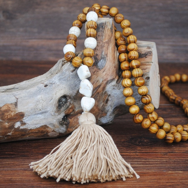 Handmade Stones Tassels Wood Beads Necklace