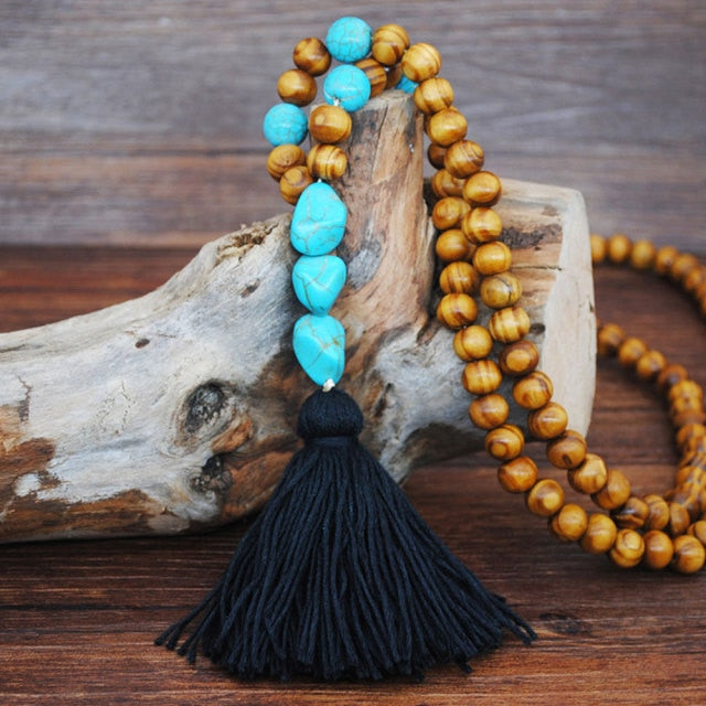 Handmade Stones Tassels Wood Beads Necklace