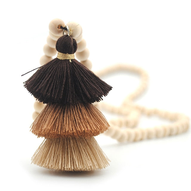 Handmade Stones Tassels Wood Beads Necklace