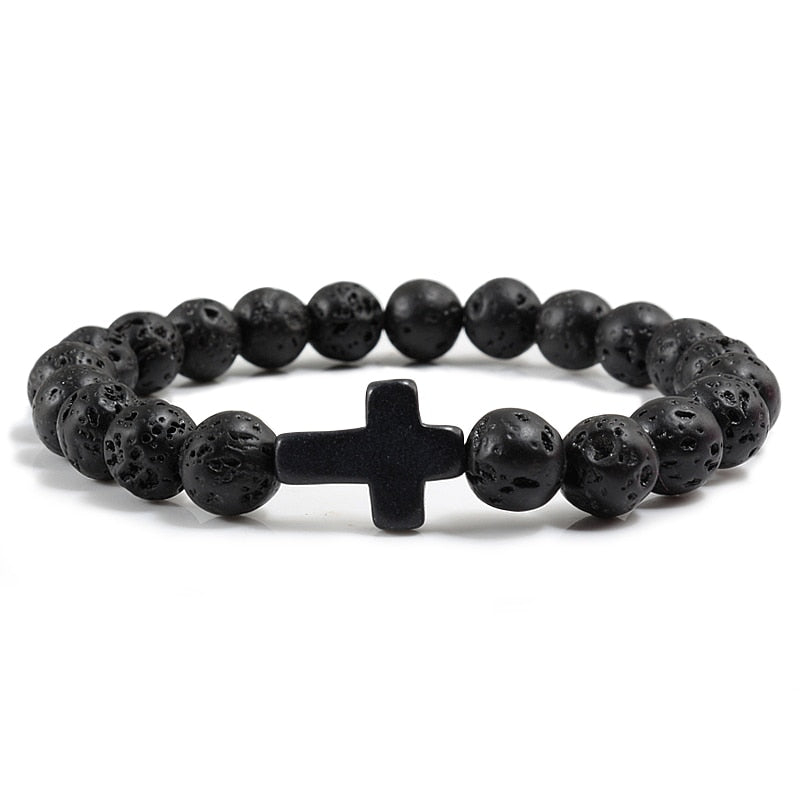 Trendy Jesus Cross Charm Blue Turquoises Men Bracelet