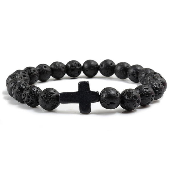 Pulsera moderna con dije de cruz de Jesús y turquesas azules para hombre