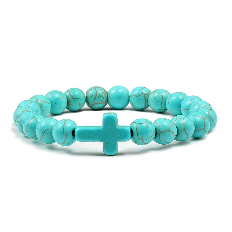 Trendy Jesus Cross Charm Blue Turquoises Men Bracelet