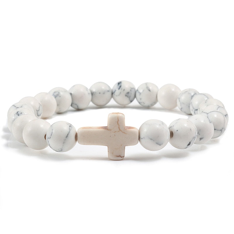 Trendy Jesus Cross Charm Blue Turquoises Men Bracelet