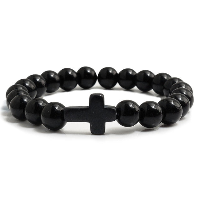 Trendy Jesus Cross Charm Blue Turquoises Men Bracelet
