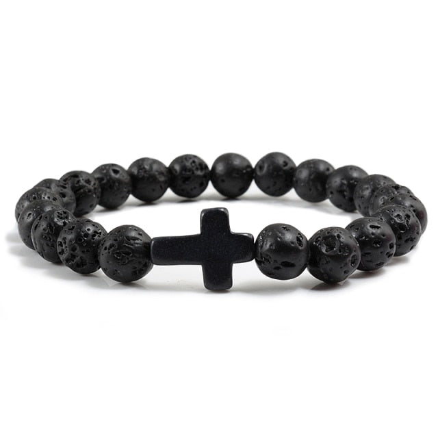 Trendy Jesus Cross Charm Blue Turquoises Men Bracelet