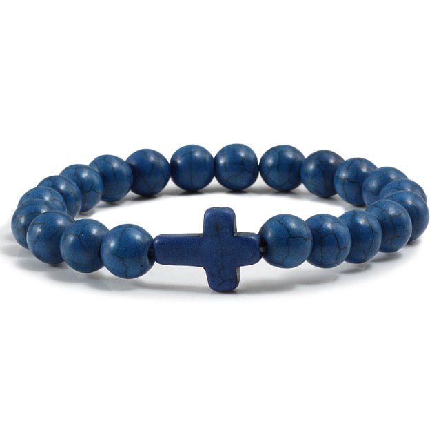 Trendy Jesus Cross Charm Blue Turquoises Men Bracelet