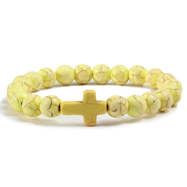 Trendy Jesus Cross Charm Blue Turquoises Men Bracelet