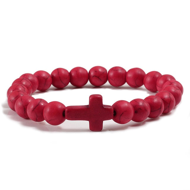 Trendy Jesus Cross Charm Blue Turquoises Men Bracelet
