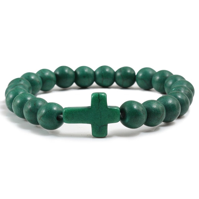 Trendy Jesus Cross Charm Blue Turquoises Men Bracelet