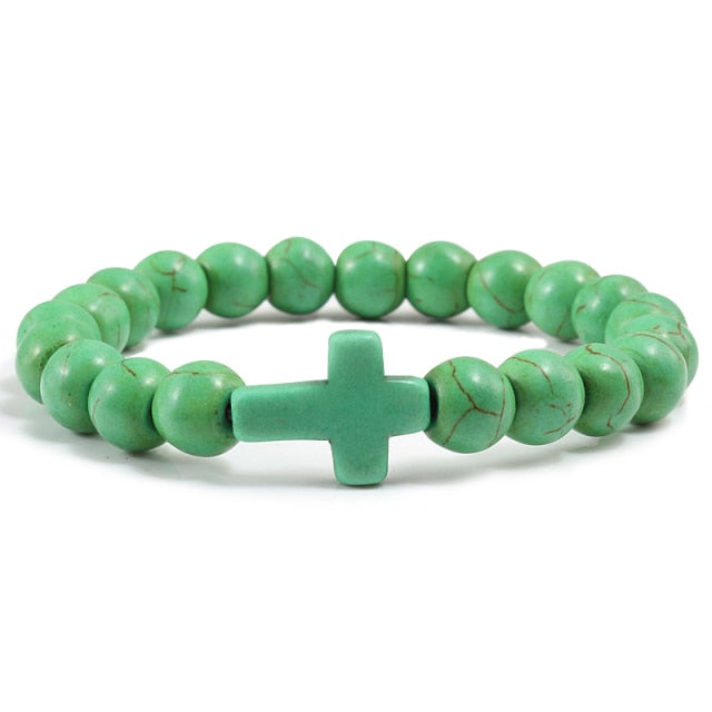 Trendy Jesus Cross Charm Blue Turquoises Men Bracelet