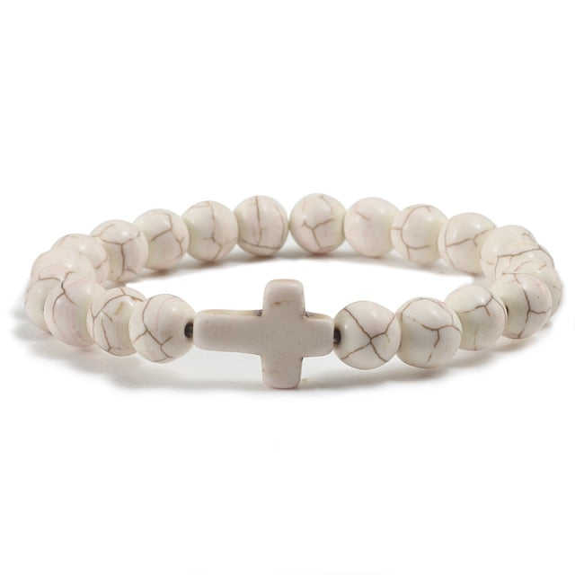 Trendy Jesus Cross Charm Blue Turquoises Men Bracelet
