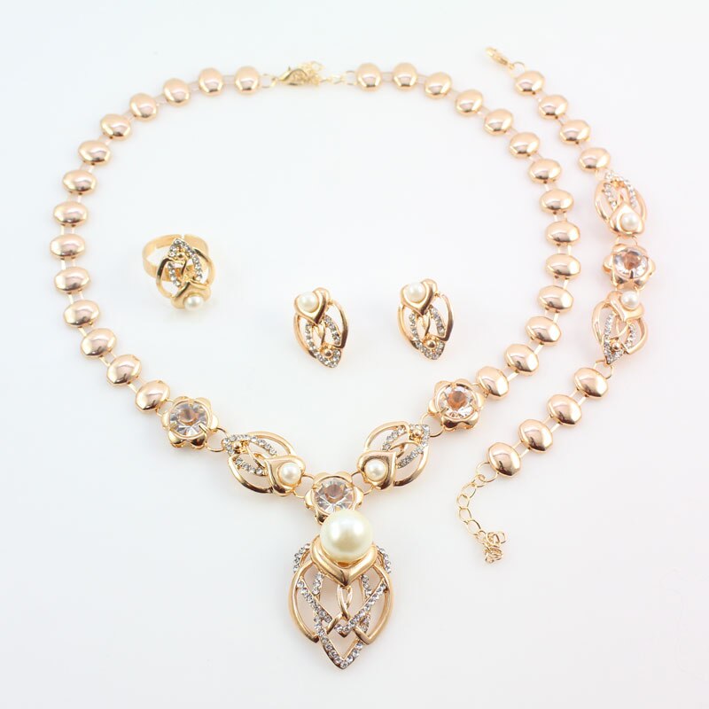 Gold Color Imitation Pearl Wedding Costume Necklace Earrings Sets