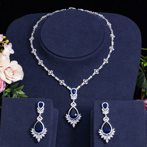 Luxury Royal Marquise Cubic Zirconia Big Dangle Blue Tear Drop Necklace Set