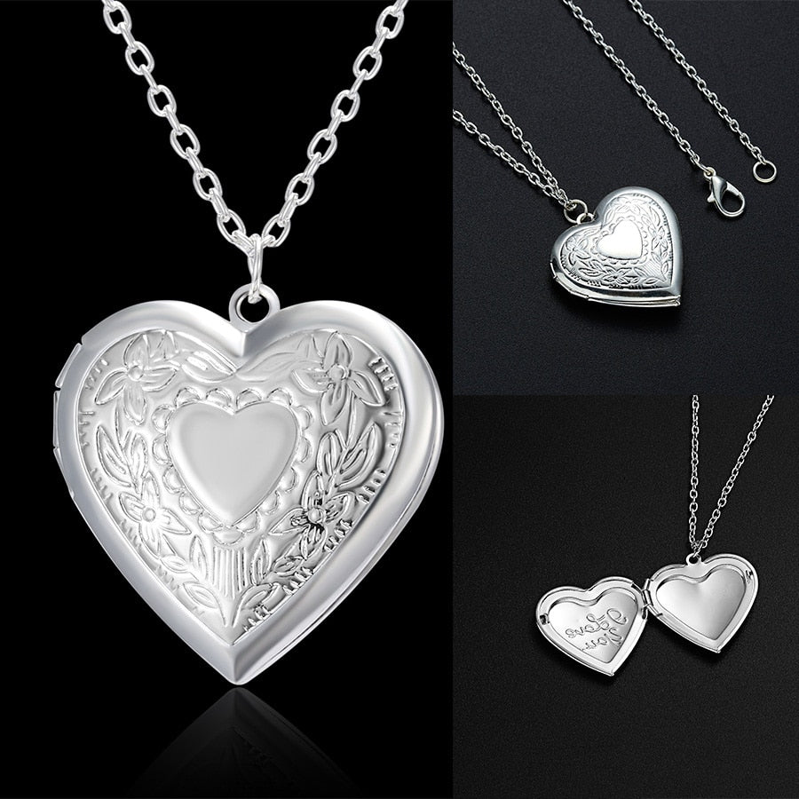 Unique Carved Design Heart-shaped Photo Frame Pendant Necklace