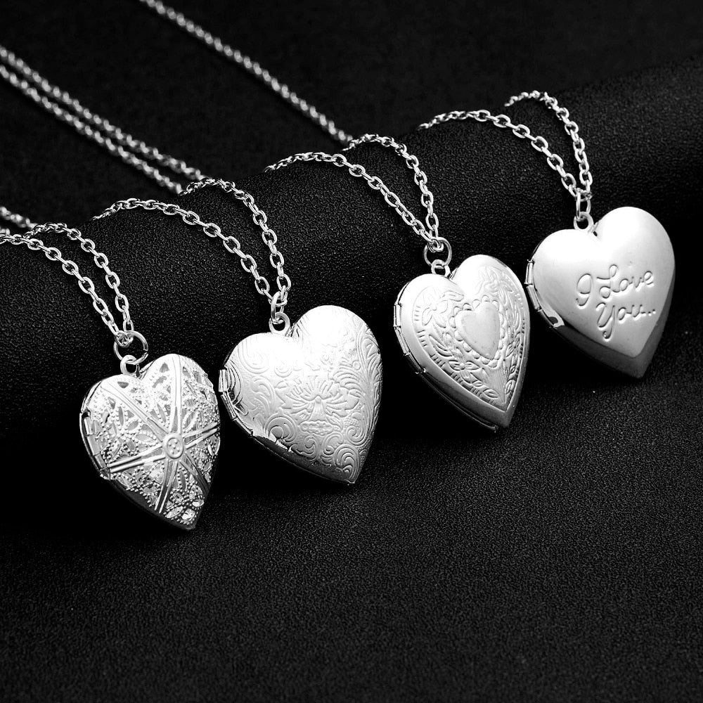 Unique Carved Design Heart-shaped Photo Frame Pendant Necklace