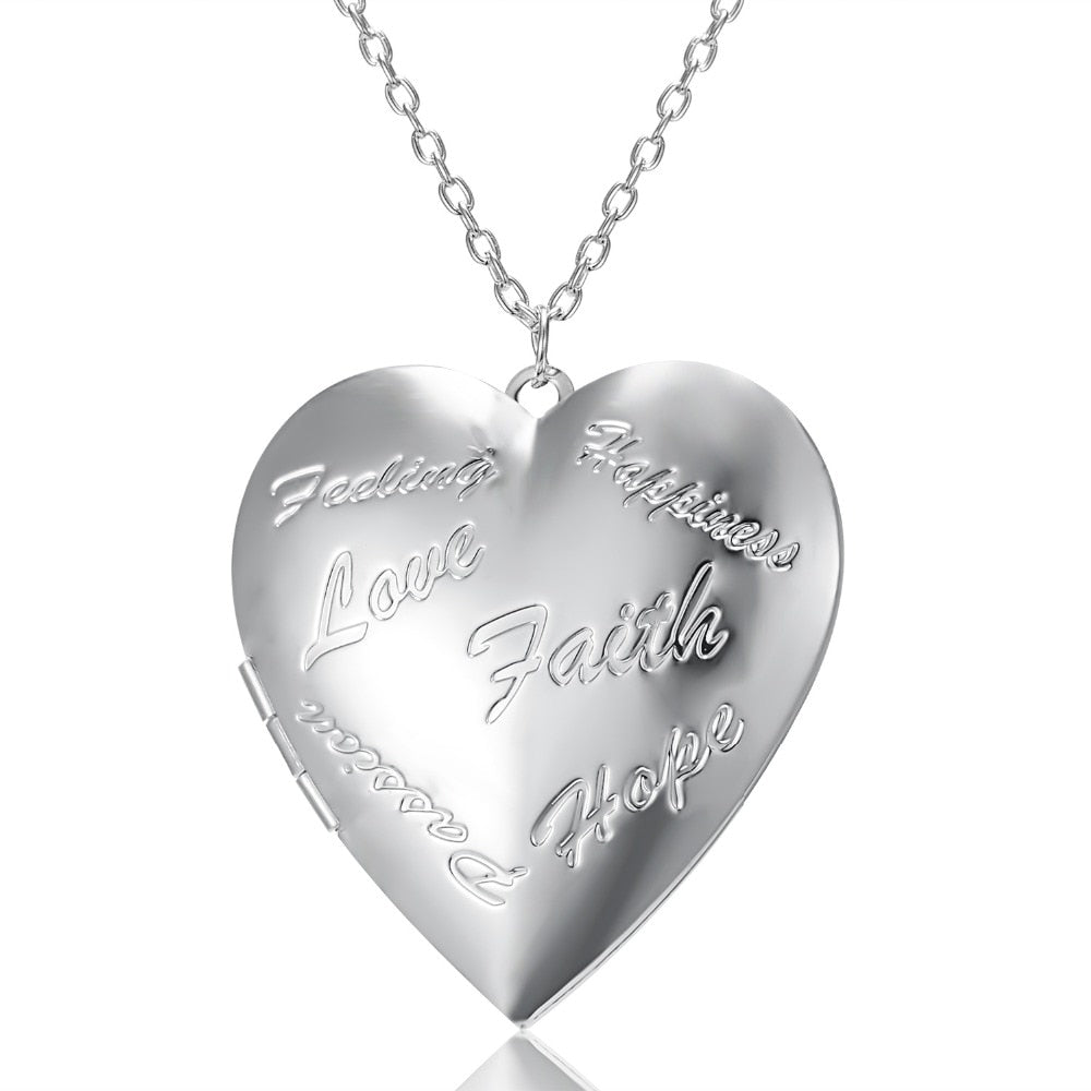 Unique Carved Design Heart-shaped Photo Frame Pendant Necklace