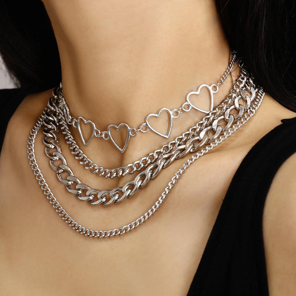 Punk Multi Layer Hollow Heart Choker Necklace