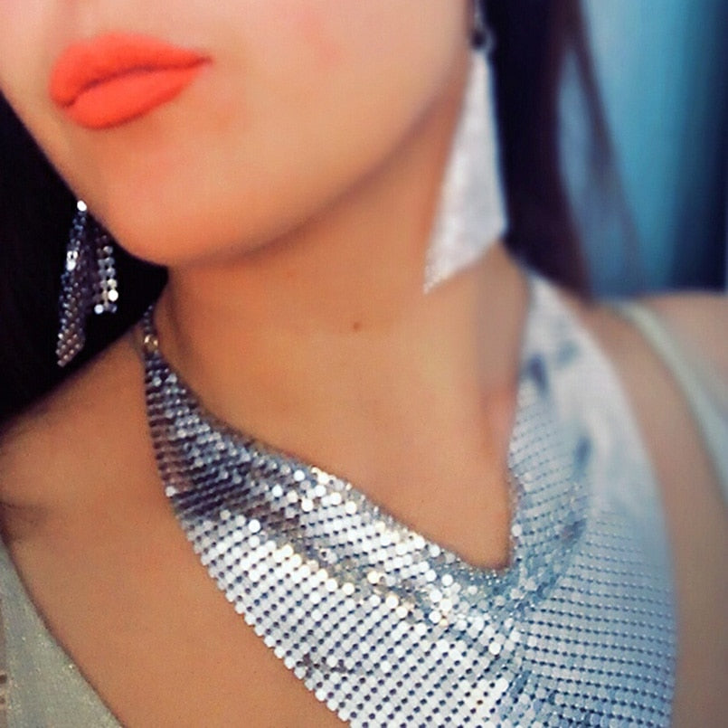Metal Slice Bib Choker Necklaces Earrings Party  Sets