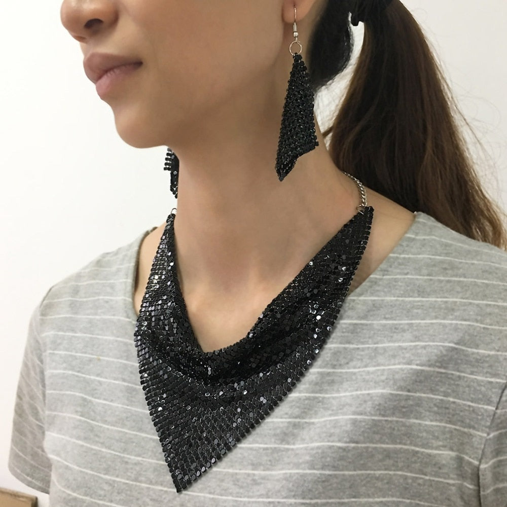 Metal Slice Bib Choker Necklaces Earrings Party  Sets