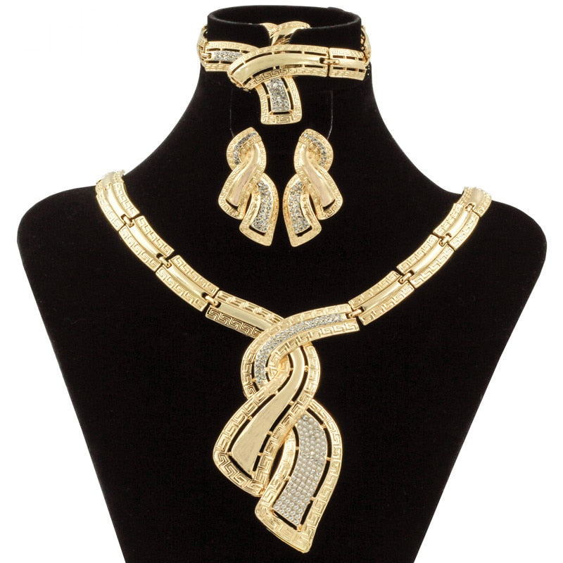 Nigerian Crystal Necklace Hoop Earrings Women Italian Bridal Jewelry Sets