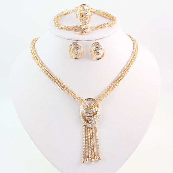 Gold Color Crystal Necklace Bangle Earring Ring Jewelry Sets