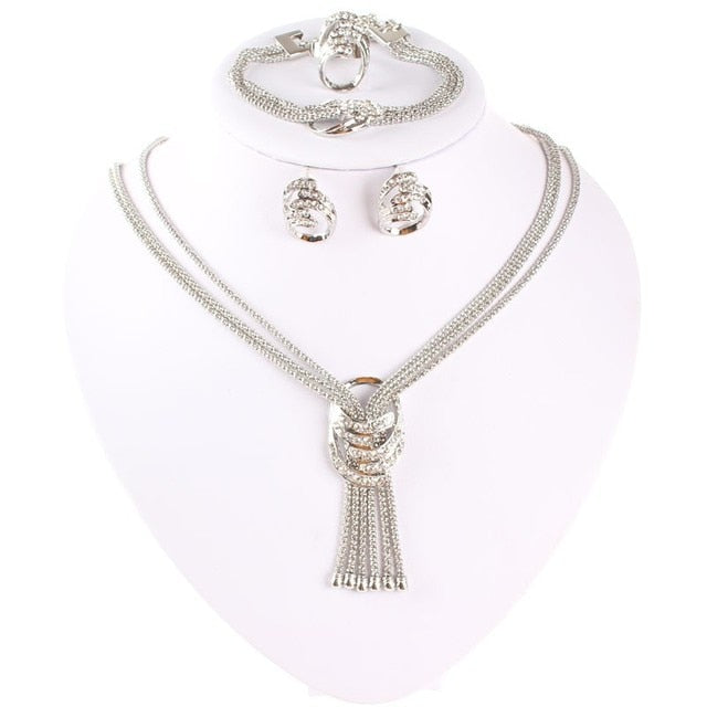 Gold Color Crystal Necklace Bangle Earring Ring Jewelry Sets