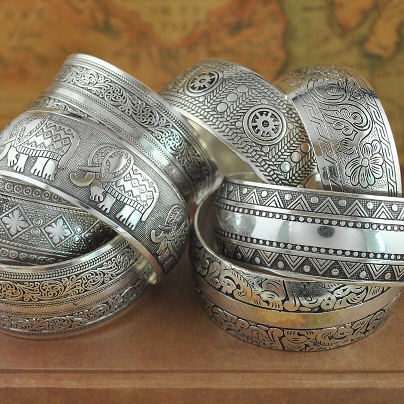 Tibetan Silver Plated Carved Flower Geometric Animal Opening Bangle