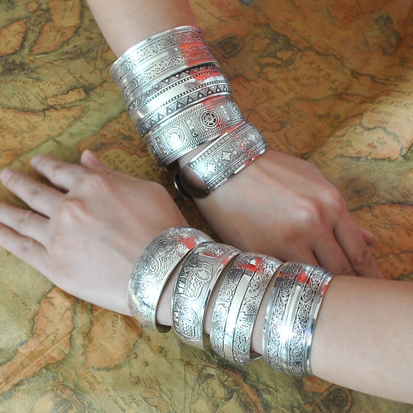 Tibetan Silver Plated Carved Flower Geometric Animal Opening Bangle