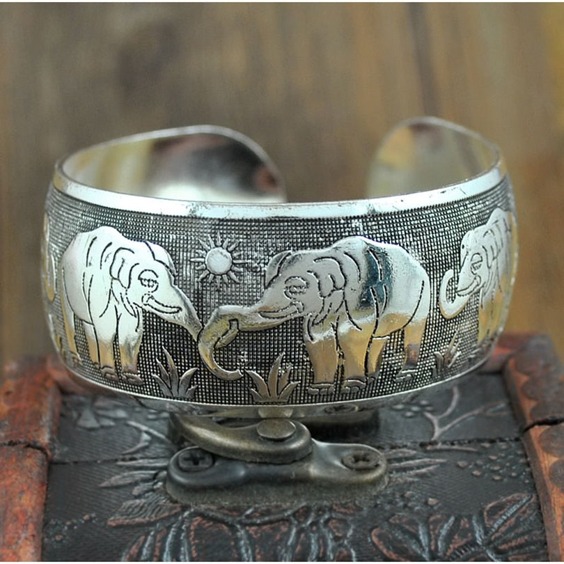 Tibetan Silver Plated Carved Flower Geometric Animal Opening Bangle